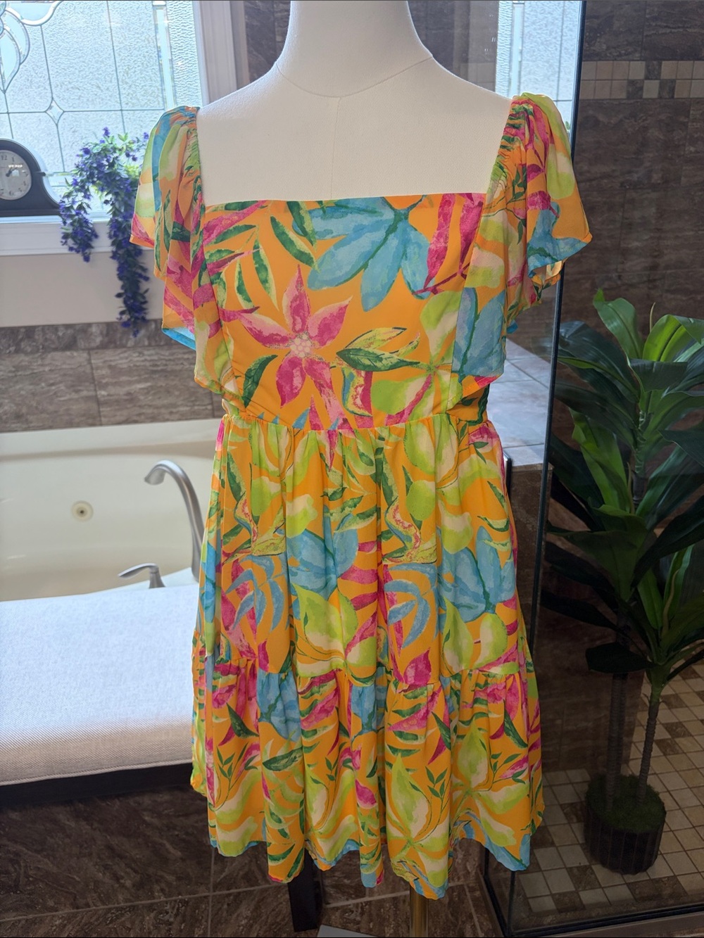 Flying Tomato Yellow Floral Mini Dress with Multicolor Print